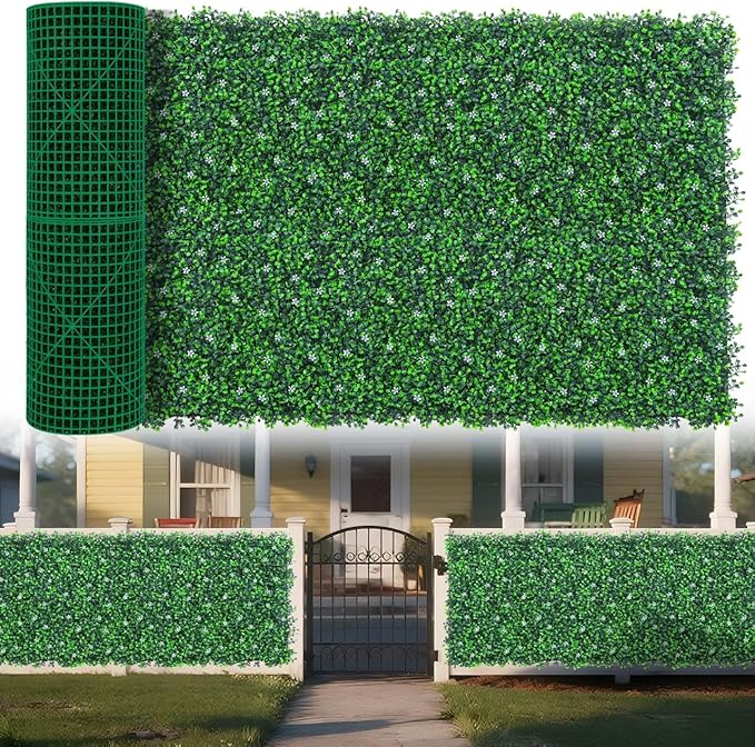 Grass Wall Panels Roll, 40"x120" (33.33 sqft) Artificial Ivy with White Flower, UV-Anti Faux Boxwood Grass Wall Greenery Panels for Garden Patio Balcony Decor