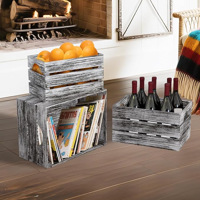 Set of 3 Wood Nesting Storage Crates with Handle(Large,Medium,Small), Farmhouse Decorative Wooden Crates for Display, Rustic Wood Baskets for Home Organization Decor (VintageBrown)