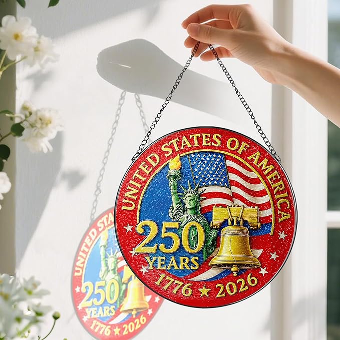 8-Inch 250 Years of America Stained Glass Ornament, Stained Glass Window Hanging, 1776-2026 Liberty Bell Decoration – American Independence Day, July 4 Decor | Gifts for Patriotic People