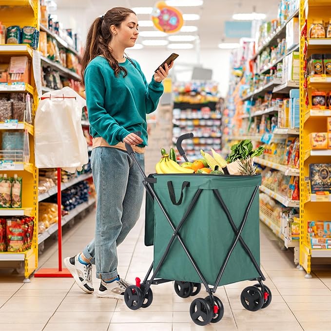 27 Gal/180 LBS Capacity Shopping Cart, Upgrade Huge Grocery Cart on Wheels,Heavy Duty Foldable Utility 360° Rolling Swivel Wheels for Shopping Picnic Groceries Laundry (Dark Green)