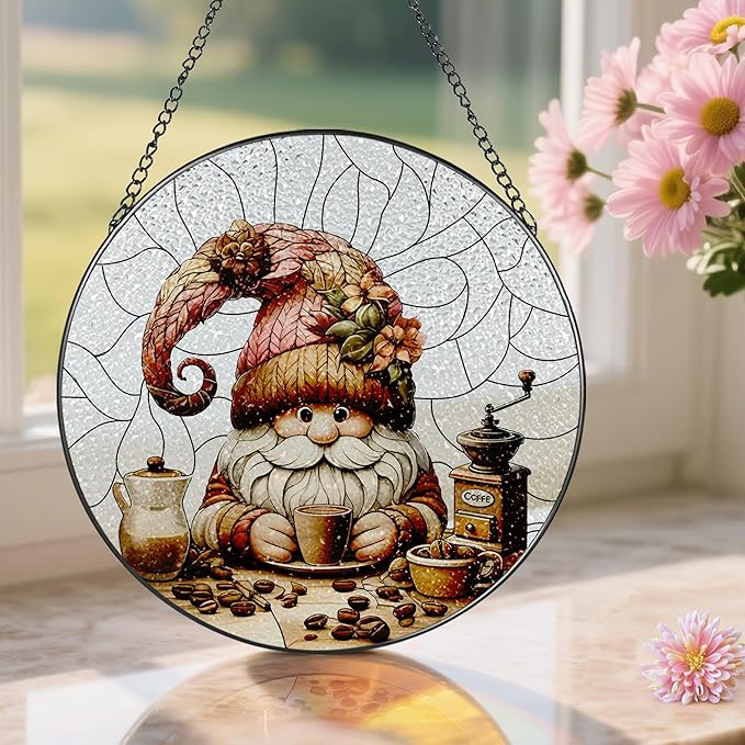 Stained Glass Window Hanging, Pauyadu Charming Gnome Sun Catchers, Stained Glass Suncatcher, Gnome Decor Gifts for Women, Mom, Grandma, Wife - 8 Inch