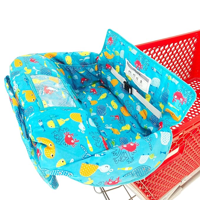 2-in-1 Shopping Cart and High Chair Cover for Baby, Padded Cover, Fold'n Roll Style, Portable with Carry Bag (Blue Seaworld)