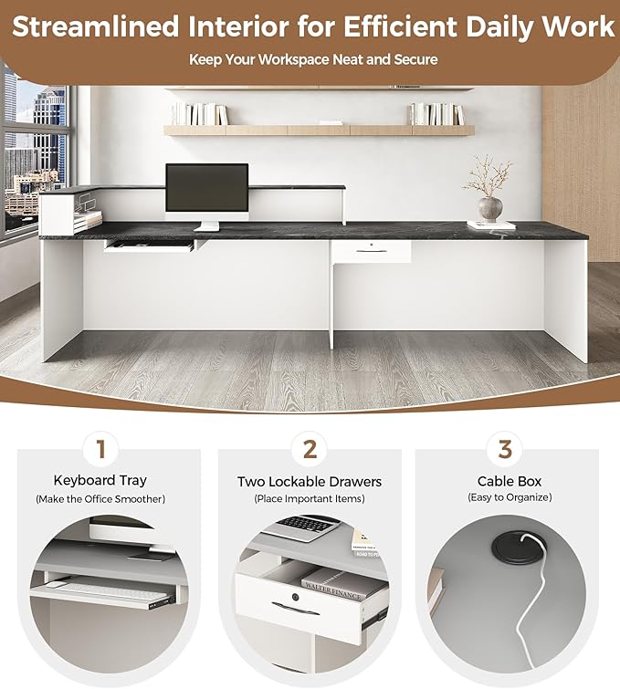 Modern L-Shaped Reception Desk with Counter – 71" Front Desk Reception Room Table with Lockable Drawer & Keyboard Tray for Office, Salon, Lobby, Checkout (White + Black, Left)