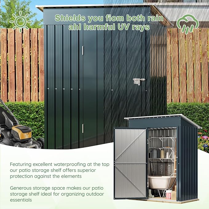 Breezz 5x3FT Vertical Outdoor Steel Storage Shed with Floor Frame, Lockable Doors, Compact Metal Tool Shed for Garden, Backyard, Patio, Utility, and Bike Storage
