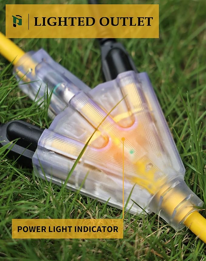 2FT 12 Gauge Outdoor Extension Cord with 3-Outlets, 3Pack, Heavy Duty 3 Prong Extension Cord Waterproof with Lighted end, 15A 12AWG 1875W SJTW, ETL Listed, Yellow
