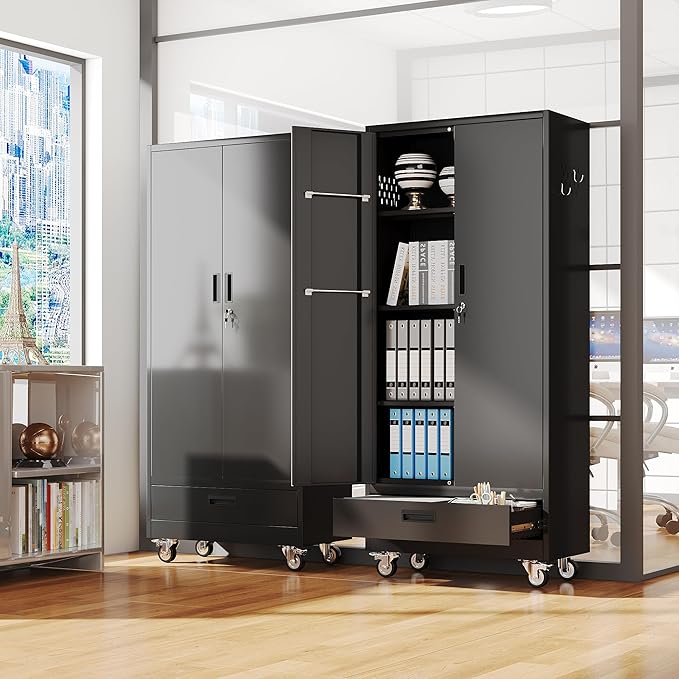 Aobabo Metal Broom Closet Storage Cabinets on Wheels,Steel Mop and Broom Cabinet with Adjustable Shelves and Drawer,Assembly Required,Black
