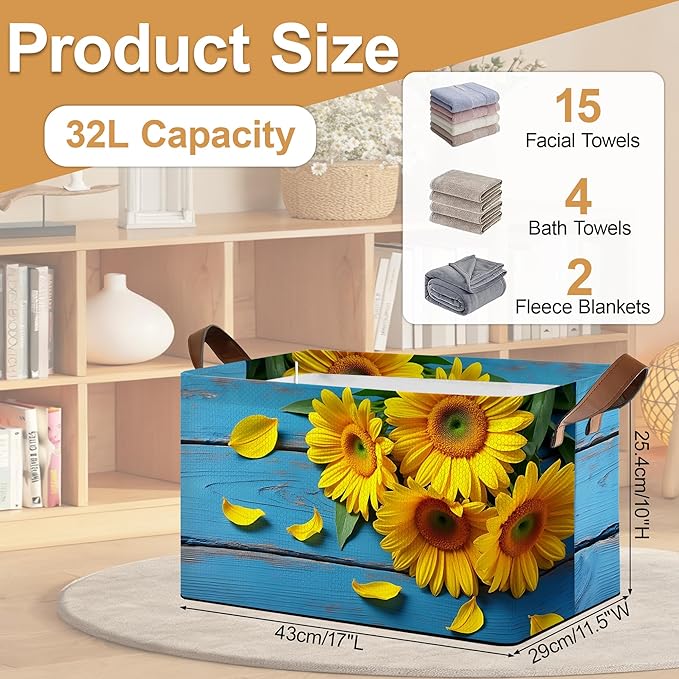 Storage Bin with Handles, Sunset Sunflower Collapsible Laundry Baskets for Books, Laundry - Use in Nursery, Closet Organizers and Storage, Blanket Basket