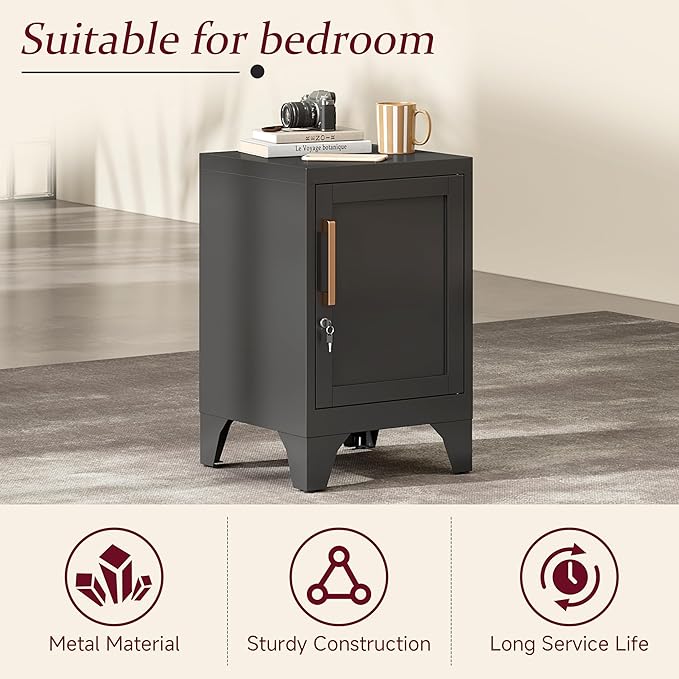 Bestoo Metal Locking Cabinet, 23.6" H Locker with 1 Magnetic Door and 1 Adjustable Shelve, Small Lockable Nightstand, Black Bedside Storage Cabinets for Bedroom, Home, Office, School
