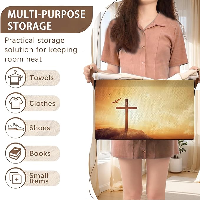 Cross Pattern Collapsible Storage Box - 17x11.5x10.5 Inch Foldable Organizer for Seasonal Decor, Religious Decorations, Under Bed Home Decor, Closet, Church Storage - Single Pack No Lid