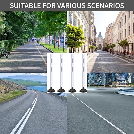 8 Pack Traffic Delineator Posts – High Visibility Reflective Safety Cones with Spring Base for Roadway, Parking, Garage, Construction Zones (White, 36 Inch)