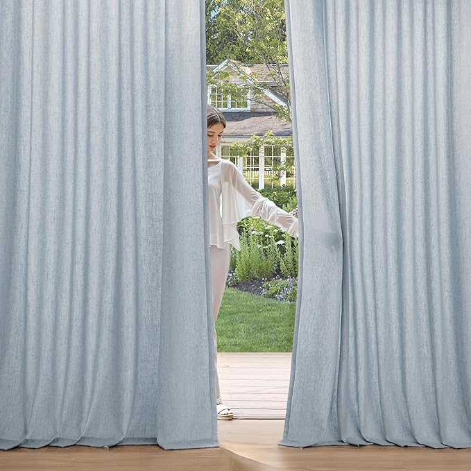 MIULEE Non-See-Through Privacy Linen Curtains 2 Panels, Chambray Blue Light Filtering Window Curtains Farn House Textured Back Tab Semi Sheer Drapes for Bedroom Living Room 63 Inches Long Light Blue