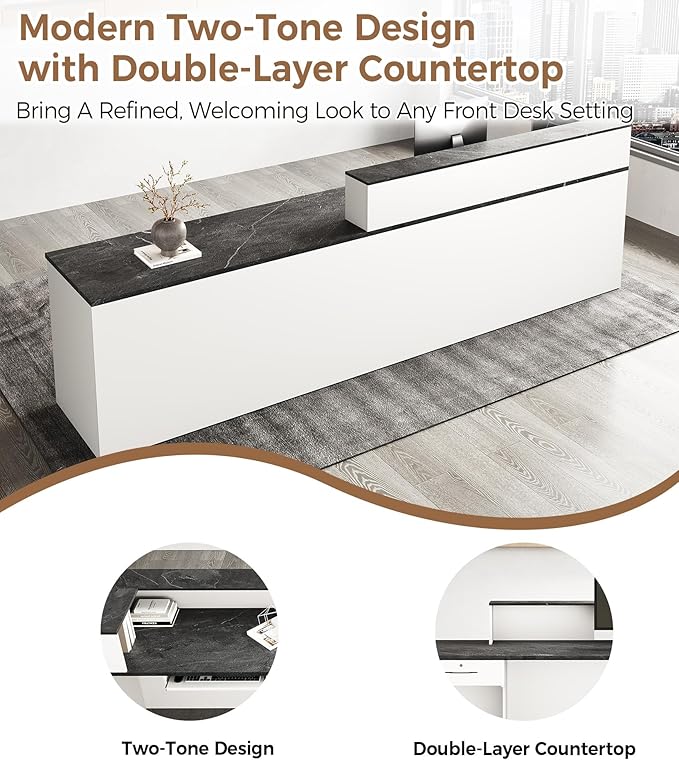 Modern L-Shaped Reception Desk with Counter – 71" Front Desk Reception Room Table with Lockable Drawer & Keyboard Tray for Office, Salon, Lobby, Checkout (White + Black, Left)