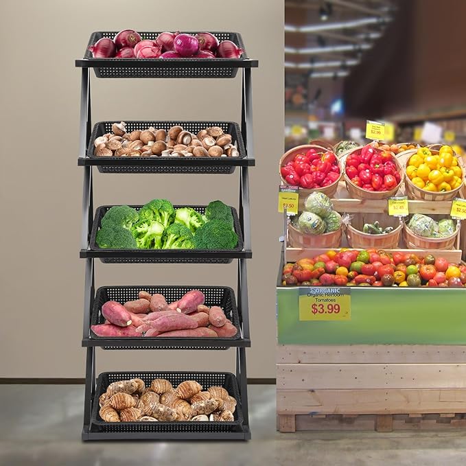Fruit Vegetable Storage Basket,Kitchen Organizers 5 Tier Basket Stand Storage Baskets Market Shelf for Kitchen Store (Black)