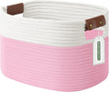 Cotton Rope Basket, Storage Baskets with Handle, 15x10x9 Inch Woven Basket for Shelves, Laundry, Towels, Clothes, Books (White/Pink 1Pack)