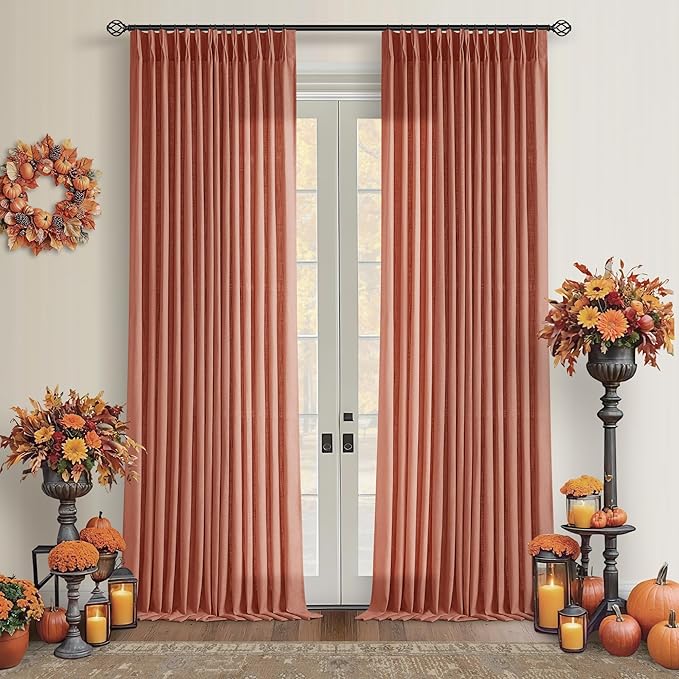 Extra Long Terracotta Linen Curtains 120 Inches Long Red Clay Farmhouse Rustic Curtain Light Filtering Semi Sheer Back Tab Pinch Pleat Curtain for Tall Ceiling Living Room 2 Panels Autumn Fall Decor