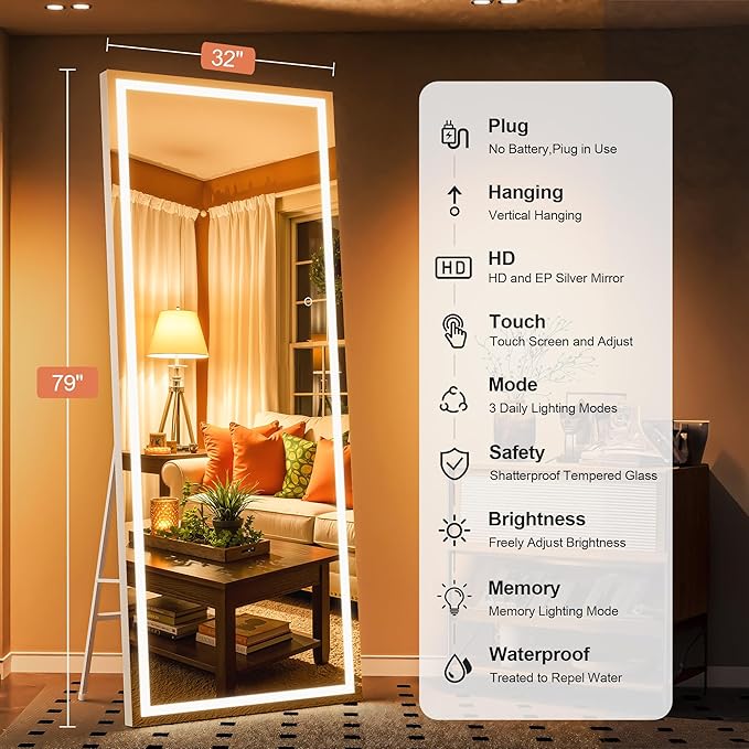 Full Length Mirror with Lights, 79" x 32" Large LED Lighted Floor Standing Body Mirror, Dimmable & 3 Color Lighting for Bedroom, Cloakroom, Dressing Room, Tempered Glass, Square White