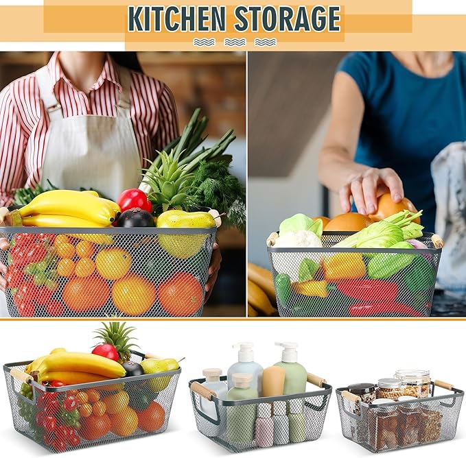 Maxcheck 6 Pack 3 Size Metal Wire Baskets Wooden Handles Steel Mesh Storage Bins Organizer Containers Gift for Home Cabinets Closet Kitchen Food Fruit Freezer Storage Rectangle(Dark Grey)