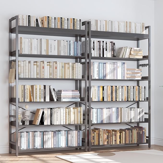 HCHQHS Bookshelf, Adjustable Industrial Bookcase, Vertical Tall Book Shelf, Wood and Black Metal Open Bookshelves for Home Office, Living Room, Bedroom (Black, 6-Tier (31" W x 70" H))