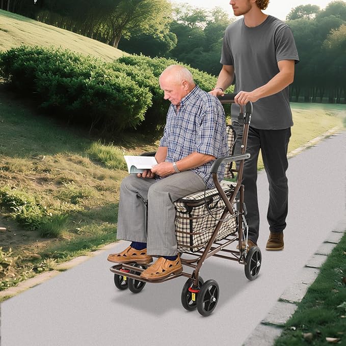 Shopping Cart, 220lbs Foldable Shopping Cart, Utility Cart with Seat & 360° Wheels, for Groceries, Laundry, Camping (Checkered)