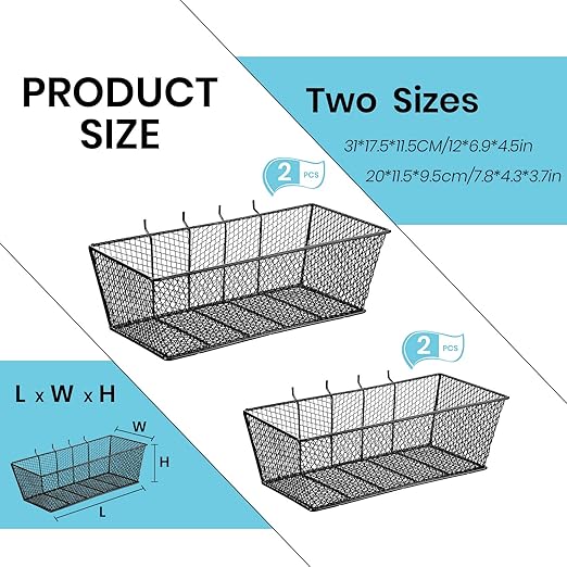 Sieral 4 Pcs Black Pegboard Baskets Metal Wire Shelf Baskets Peg Board Organizer Accessories Wall Mount Organizer Attachments for Garage Workbench Various Tool Accessories, 2 Sizes