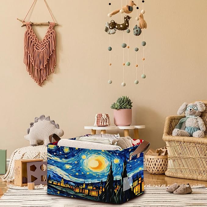 Artist Inspired Floral Storage Basket Large 17x11.5x10.5 Inche-Collapsible Fabric Organizer Bin with Handles for Living Room, Blankets-Decorative Hamper with Impressionist Flower-Single Pack