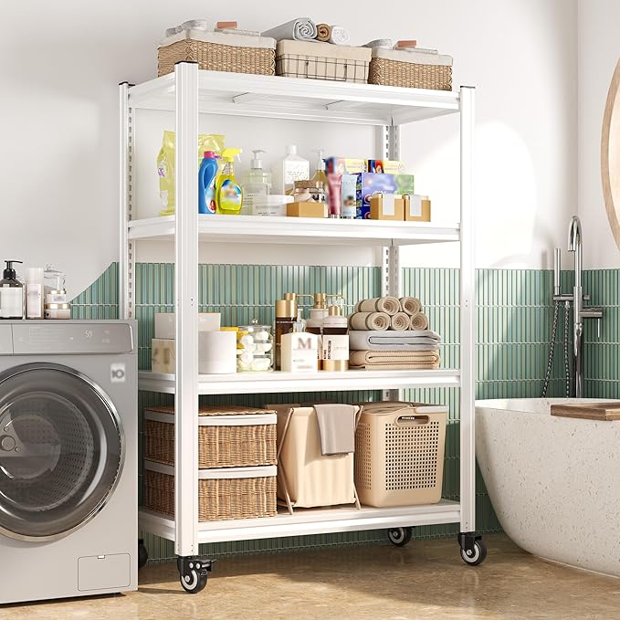 REIBII 4 Tier Storage Shelves with Wheels, 530LBS Pantry Shelves, Adjustable Metal Shelving Unit for Pantry, Kitchen, Living Room, Laundry, Home Office, 59.8" H x 31.5" W x 16.5" D, White