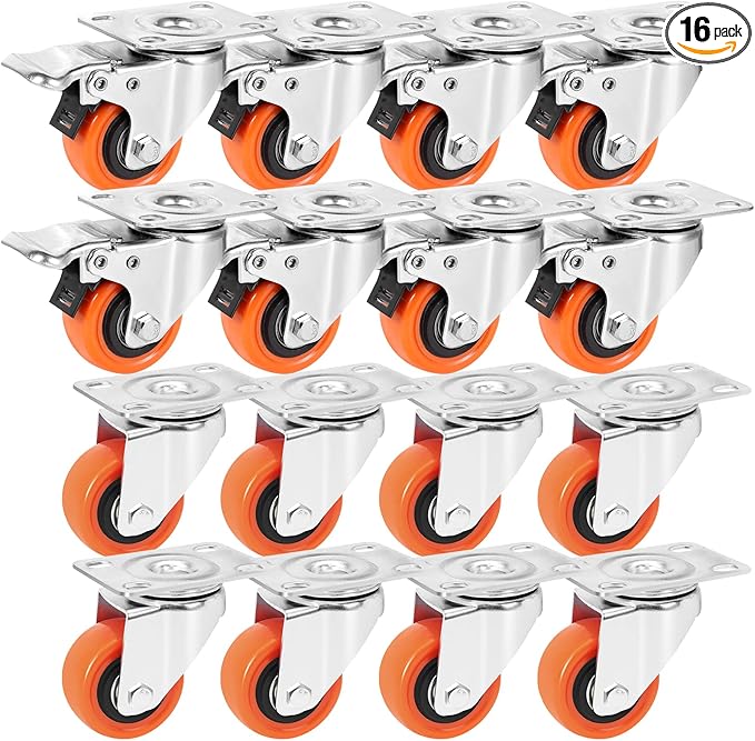 W B D WEIBIDA 2" Plate Caster Wheels Set of 16, Heavy Duty Casters with Brake, Safety Dual Locking, Industrial Swivel Top Plate Casters Wheels for Furniture, Carts (Screws and Screwdriver)