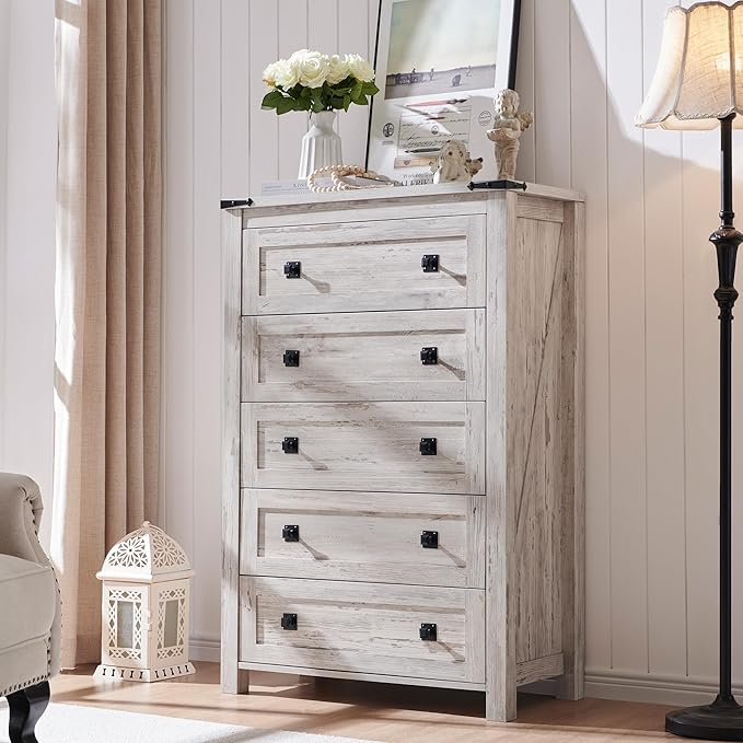 RedLemon Farmhouse 5 Drawer Dresser, 48" Tall Rustic Chest of Drawers, Wood Dresser for Bedroom, Living Room, Hallway, Antique Brush White