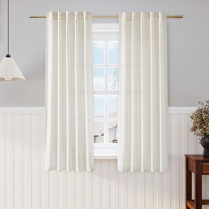 Nanspring Linen Curtains 63 Inch Length 2 Panels Set for Cafe Kitchen Cream Thermal Insulated Drapes with Back Tab Light Filtering Boho Farmhouse Curtain for Bedroom Living Room 40x63 Inch Natural