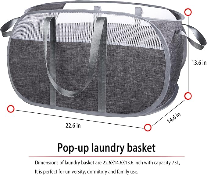 Pop-Up Laundry Basket，collapsible Mesh Laundry Hamper– With Extended Shoulder Straps, Sturdy Handles, and Premium Cationic Fabric (gray)…