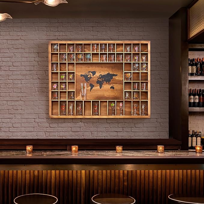 Large World Map Shot Glass Display Case 60 Slots 34 X 26''Rustic Brown Wood Holder for 2 Different Size Shot Glass In Living Rooms Bars Wine Cellars Used for Jewelry Stones & Shell