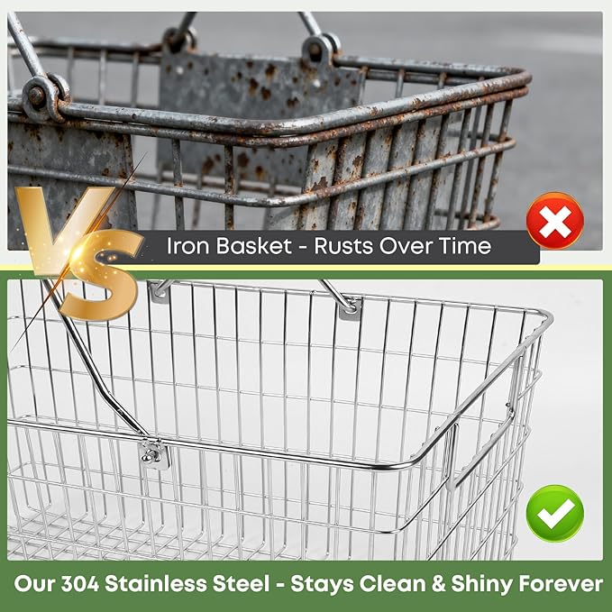 Wire Harvest Basket, Kitchen Organizers and Storage with Foldable Handle - 15.0"x9.8"x6.9" Portable Stainless Steel Picnic Baskets for Gathering Vegetables,Fruits,Kitchen,Garden,Picnic&Shopping (1, L)