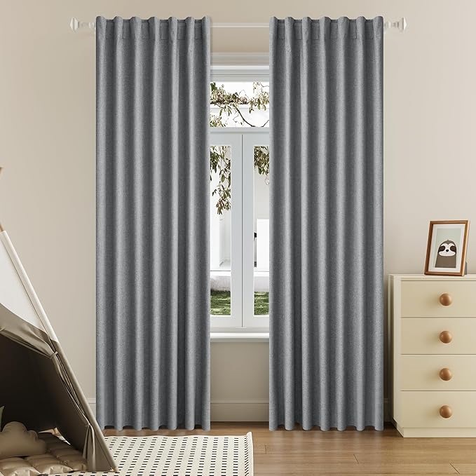 DUALIFE Full Blackout Grey Curtains 63 Inch Long Linen Textured Curtains Thermal Insulated Heat Blocking Noise Reducing Vintage Drapes for Nursery Bedroom Rod Pocket&Back Tab 2 Panels 50W x 63L
