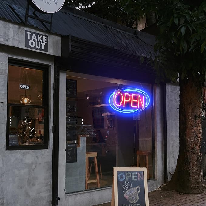 Open Signs for Business,Neon Open Sign Led,32"x 16",Remote Control Open/Closed Bussiness Hour Sign Set,Light for Bar Coffee Salon Store Window,12V/3A Adapter with ON/OFF Switch (Blue/Red Oval)