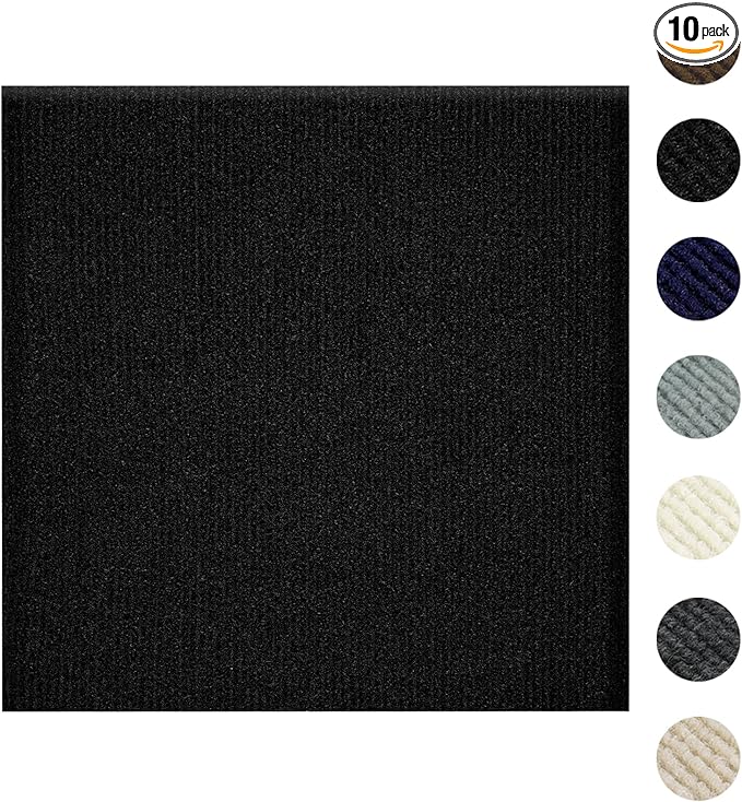 Carpet Tiles Peel and Stick 24” x 24”, Self Adhesive Soft Padded Flooring Stickers, Black Home Decor for Bedroom Living Room Office, 10 Tiles & 40 sq ft per Box