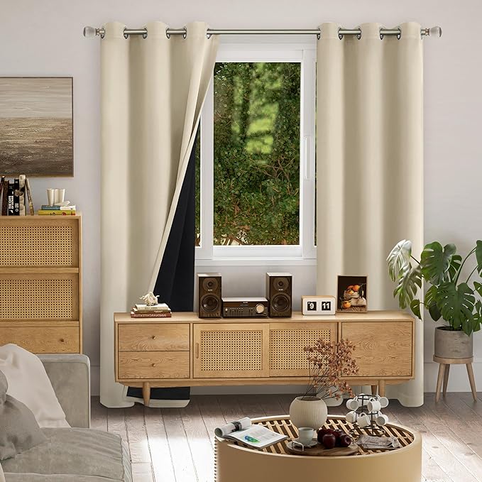 Beige Blackout Curtains 84 Inch Length 2 Panels Set for Living Room, Thermal Insulated 100% Room Darkening Light Blocking Soundproof Grommet Window Curtains with Black Liner, Each 42 Inch Wide