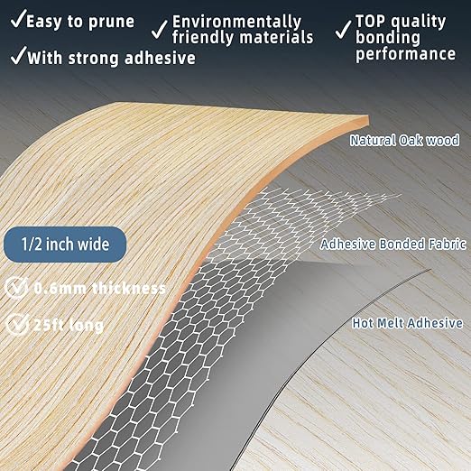 White Oak Edge Banding, 1/2 inch x 25ft roll of Veneer Edge Banding - Pre-glued Flexible, Real Wood Tape for Cabinet Repair & Furniture Restoration