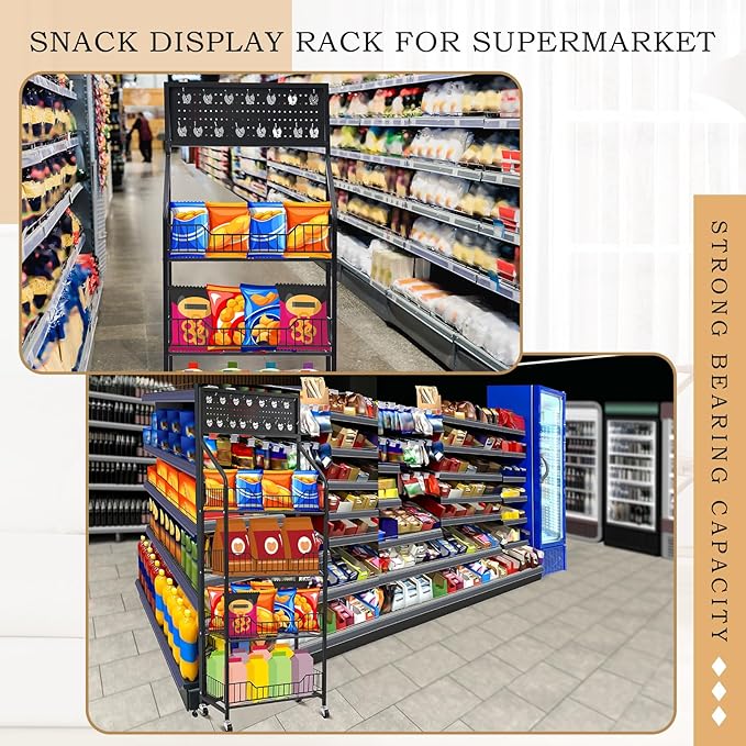 1 Set 4 Tier Retail Display Rack Shelf Cart with Wheels and 15 Hook Heavy-Duty Metal Snack Potato Chip Display Organizer Concession Stand for Supermarket Grocery Store Home Black