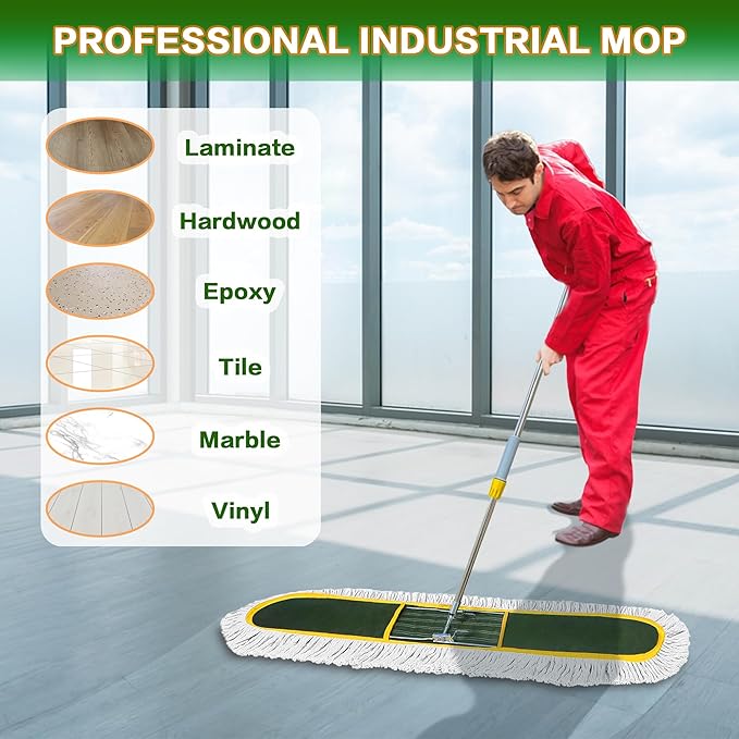 48-Inch Commercial Dust Mop for Hardwood Floors, Large Dry Mop with 2 Pcs Reusable Cotton Yarn Head, Telescopic Stainless Steel Handle - Ideal for Industrial Floor Cleaning, Marble,