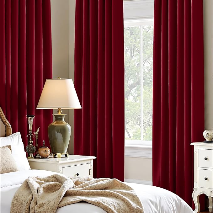 PONY DANCE Christmas Bedroom Curtain Panels Blackout Draperies, Home Decorations Thermal Insulated Solid Rod Pocket Blackout Curtains/Drapes for Winter (2 Panels, 42 x 80-Inch, Burgundy Red)