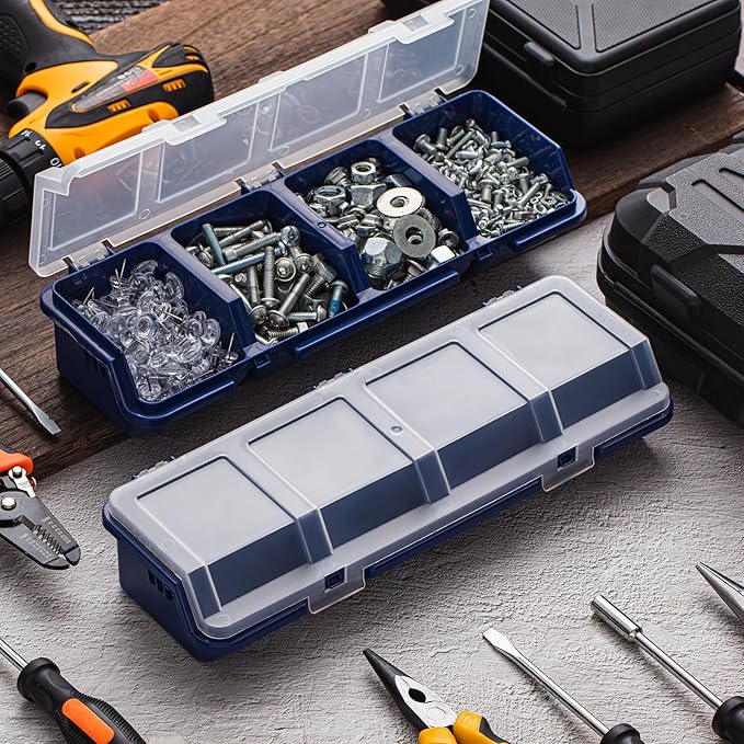 Hushee 4 Pcs Screw Organizer Box with Lid 4 Compartments Tool Bin Divider Plastic Stackable Hardware Organizer Small Part Storage Sorting Screw Box for Garage Workbench Craft Storage (Blue)