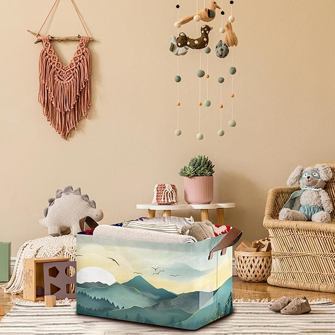 Sun Mountains Storage Basket Large 17x11.5x10.5 Inches - Collapsible Fabric Organizer Bin with Handles for Living Room, Bedroom, Blankets - Decorative Hamper with Scenic Mountain Design - Single Pack