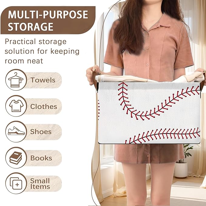 Baseball Texture Storage Basket Large 17x11.5x10.5 Inche-Collapsible Fabric Organizer Bin with Handles for Sports Gear,Toys,Laundry-Foldable Decorative Hamper with Stitched Leather Design-Single Pack