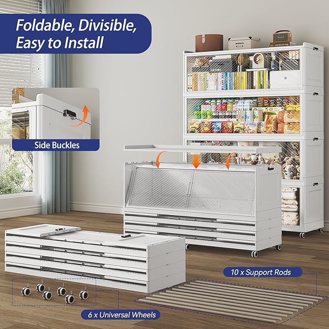 150 Gallon Extra Large Collapsible Storage Bin with Lid, 960QT Stackable Plastic Organizer with 6x Wheels, Foldable Drawer Cabinet for Closet, Living Room Office, Kitchen 3Pack, White