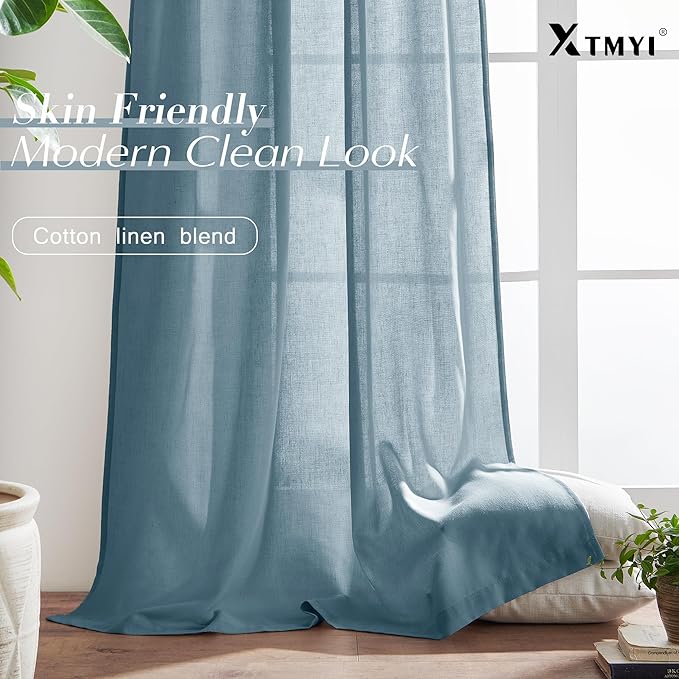 XTMYI Dusty Blue Curtains 84 Inches Long for Living Room,Light Filtering Country Vintage Hooks Pleated Back Tab Semi Sheer Linen Curtains for Bedroom 2 Panels Set,Grey Stone Blue