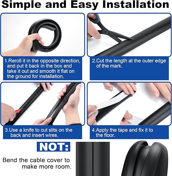 6ft Cord Covers - Grey Floor Cable Management, Hide Cord Cover, Electrical Cable Hider - Cavity: 0.78" W x 0.32" H