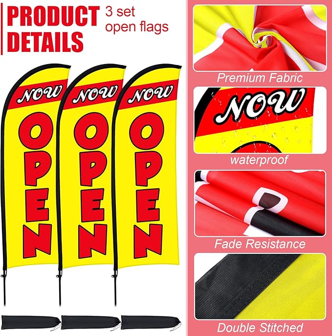 Buryeah 3 Sets Now Open Feather Flag Pole Kit for Business Advertising 7 ft Open Flag Banner Sign with Pole Kit Ground Stake and Portable Bag for Outside Ground(Yellow)