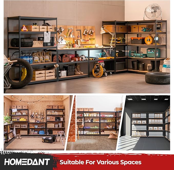 HOMEDANT 5 Tier Storage Shelves Adjustable Laminated Boltless Garage Metal Shelving Unit Heavy Duty Utility Rack Shelf Warehouse Pantry Closet Kitchen (4, (XL Deep) 48.1" W, Black)