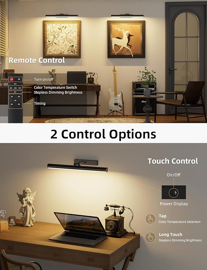 VOLISUN 16 inch Picture Lights for Wall, Rechargable Picture Light Battery Operated, 3 Color Temperatures Cordless Picture Light with Remote, Art Light for Paintings, Gallery, Portrait, 2 Pack (Black)