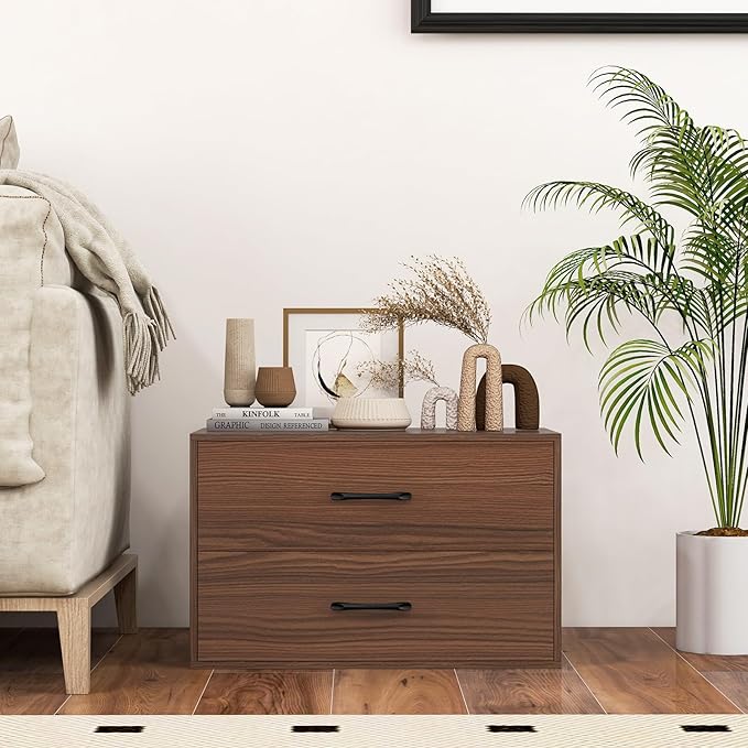 GOFLAME Stackable 2-Drawer Dresser, Wood Horizontal Storage Organizer with Metal Handle & Smooth Sliders, Lateral File Cabinet with Anti-tilt Kit for Bedroom Office, Walnut